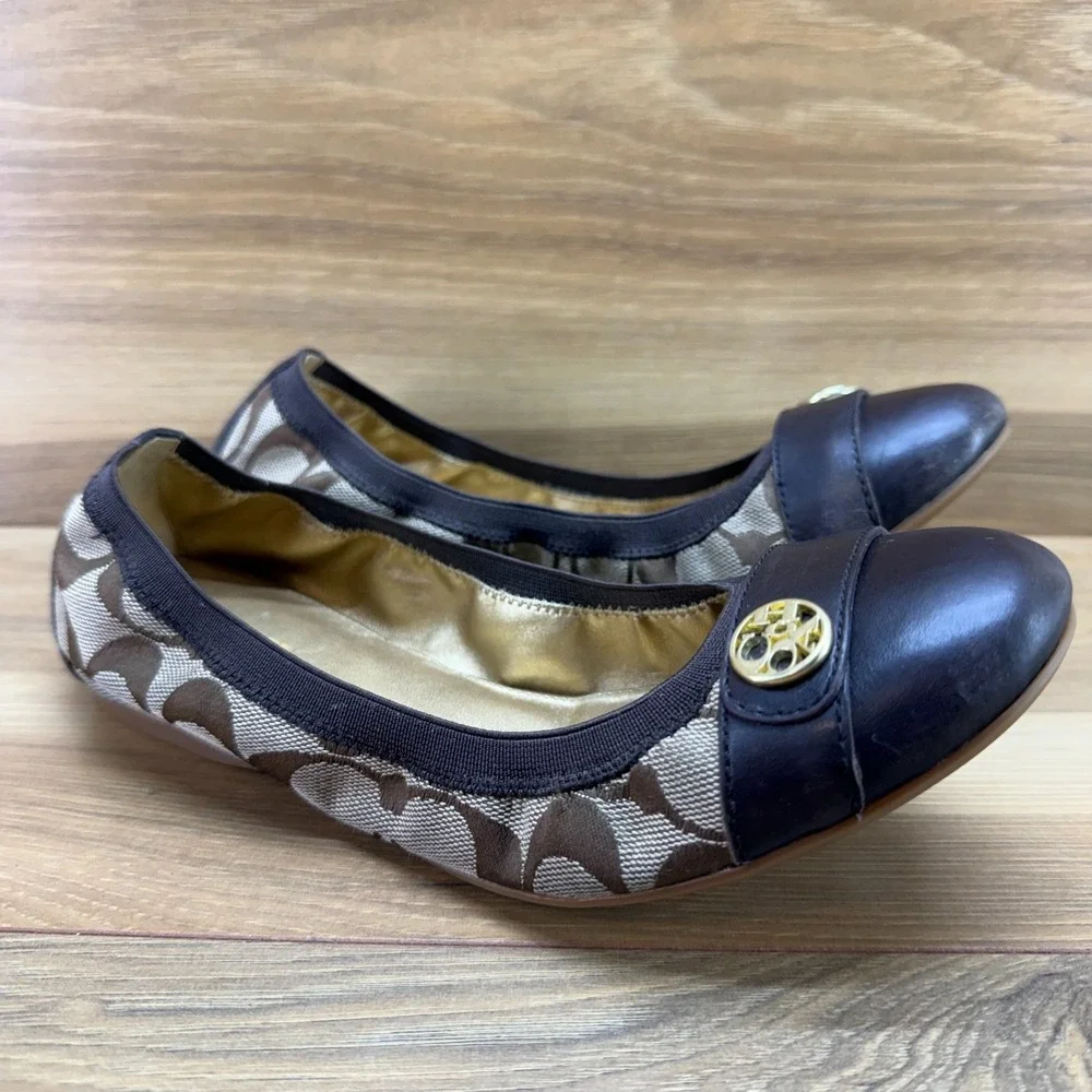 Coach Chelsea Ballet Flats Y2K 7.5 Brown Signature Cap Toe Stretch Casual Office